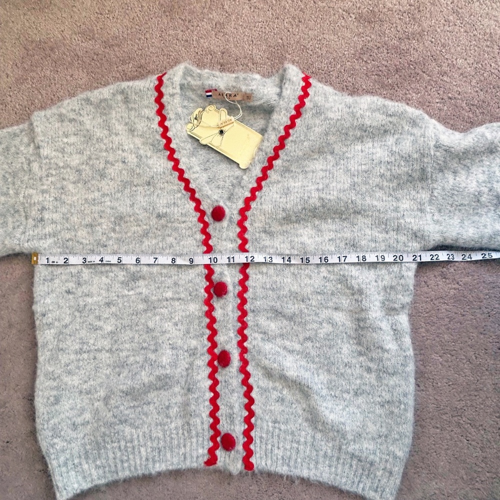 Azara France Soft button front cardigan grey with contrast red trim NWT - Picture 11 of 16